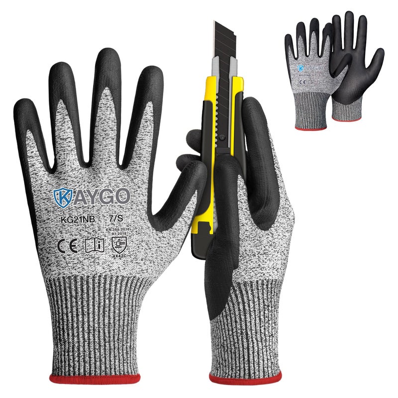 KAYGO 2 Pairs A3 Cut Resistant Gloves for Men and Women, ANSI Cut Level A3 Nitrile Micro-Foam Safety Gloves KG21NB, Durable, Ideal for Wood Carving, Glass Handling, Construction, Fishing, S, Grey - Image 1